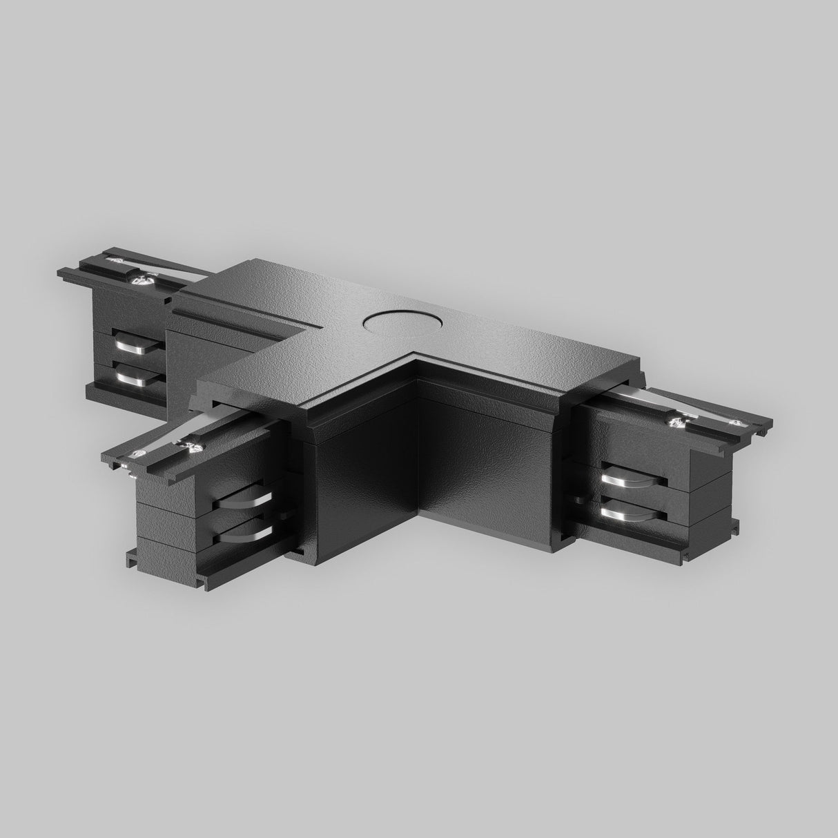 On a light gray background, the 3-Phase Surface-Mounted Track Trinity Left T-Shaped Connector in black boasts a modern design with three protruding ends and visible metallic contact points for multi-directional connections.