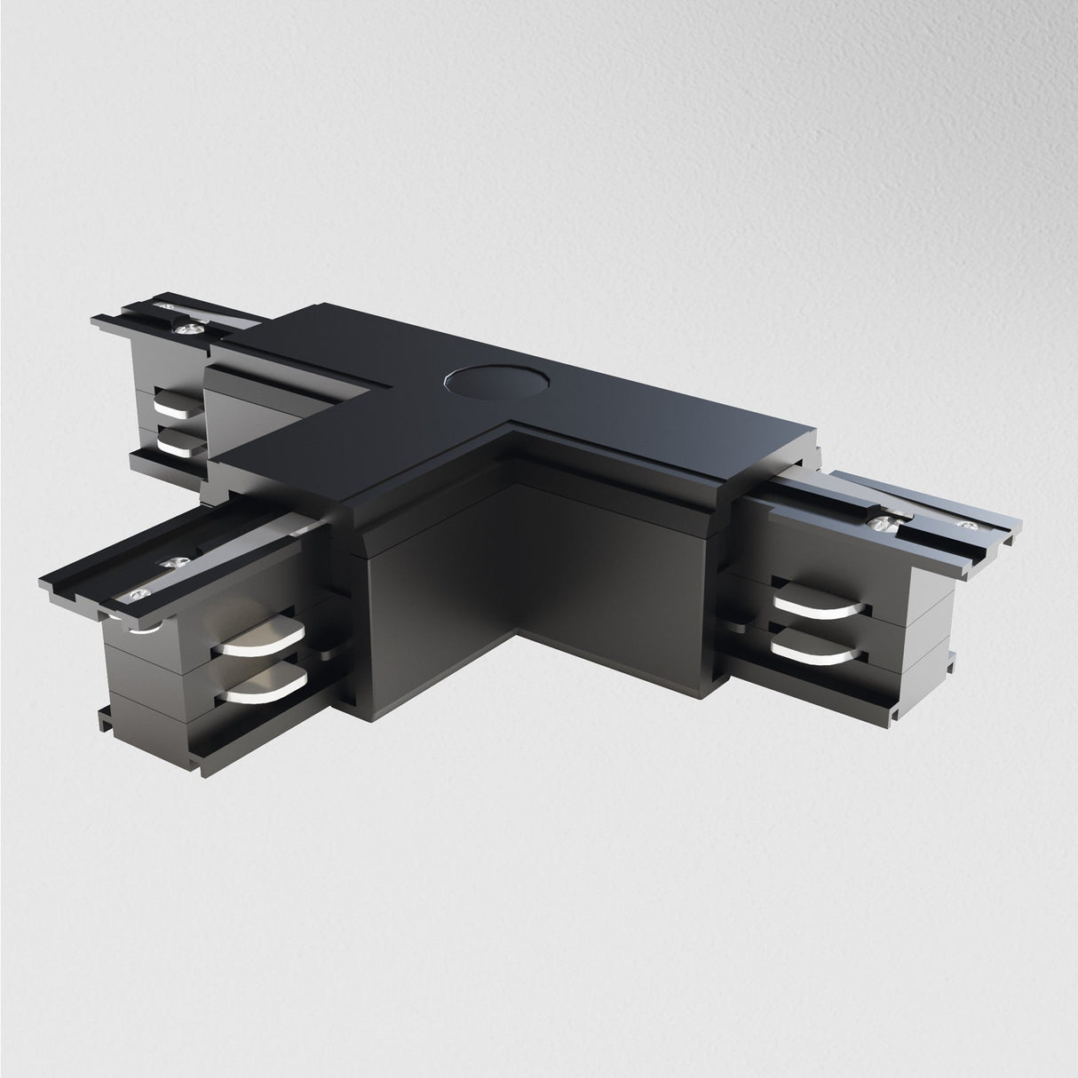 The 3-Phase Surface-Mounted Track Trinity Right T-Shaped Connector in black features three sliding mechanisms for supporting and joining multiple tracks in modular lighting systems, offering a sleek, modern design against a plain white background.