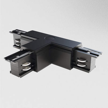The 3-Phase Surface-Mounted Track Trinity Right T-Shaped Connector in black features three sliding mechanisms for supporting and joining multiple tracks in modular lighting systems, offering a sleek, modern design against a plain white background.