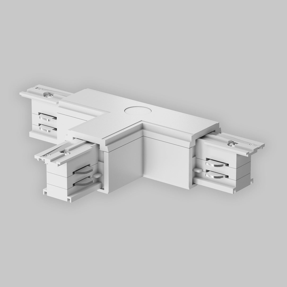 The 3-Phase Surface-Mounted Track Trinity Left T-Shaped Connector in white features a smooth finish with attachment slots. Ideal for modern decor enthusiasts, it complements three-phase track lighting systems and is pictured against a plain gray background.
