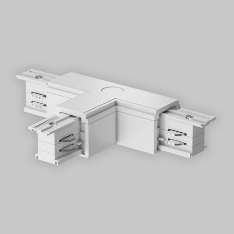 The 3-Phase Surface-Mounted Track Trinity Left T-Shaped Connector in white features a smooth finish with attachment slots. Ideal for modern decor enthusiasts, it complements three-phase track lighting systems and is pictured against a plain gray background.