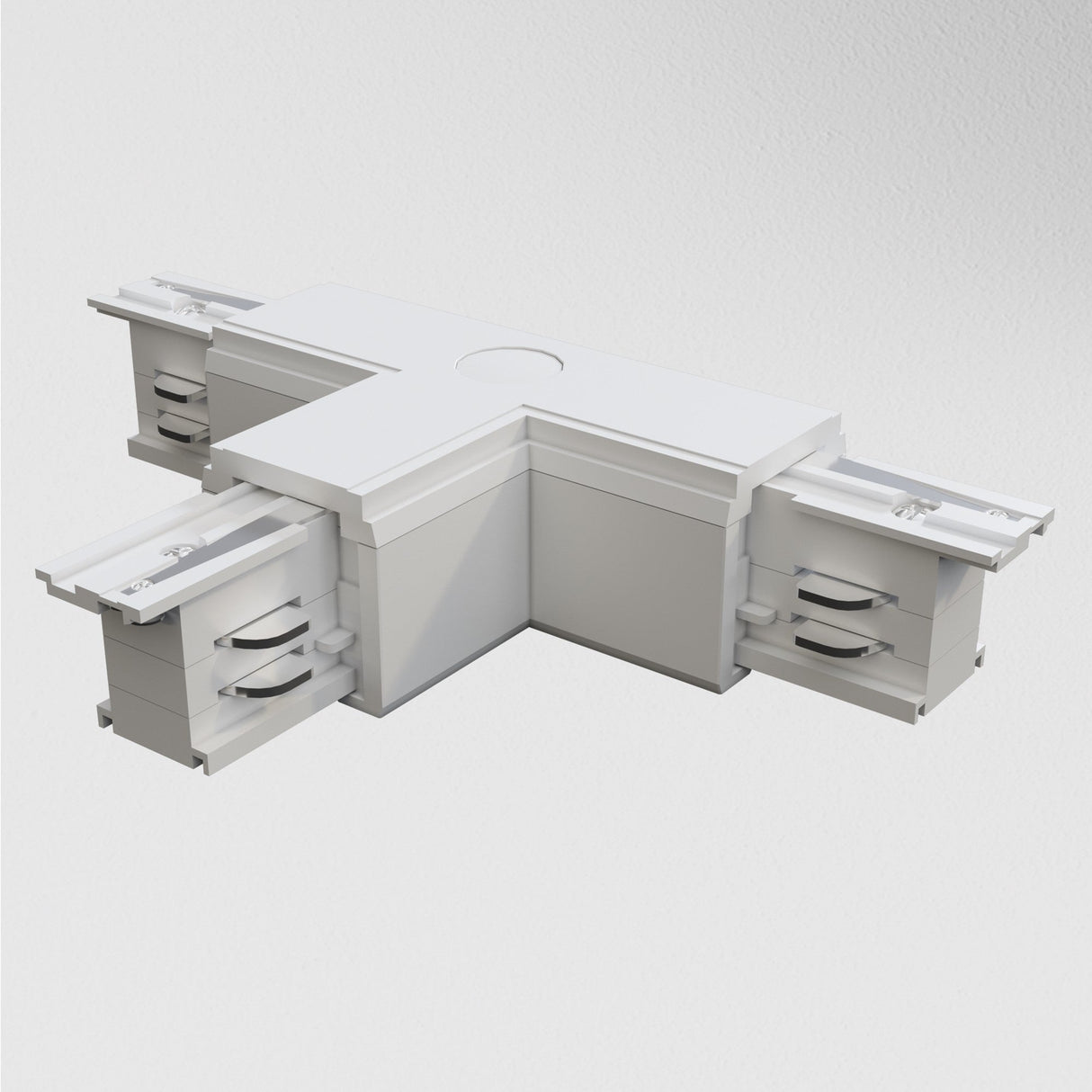 The 3-Phase Surface-Mounted Track Trinity Right T-Shaped Connector in white, featuring sliding sections and circular elements, complements modern interiors, set against a plain white background.