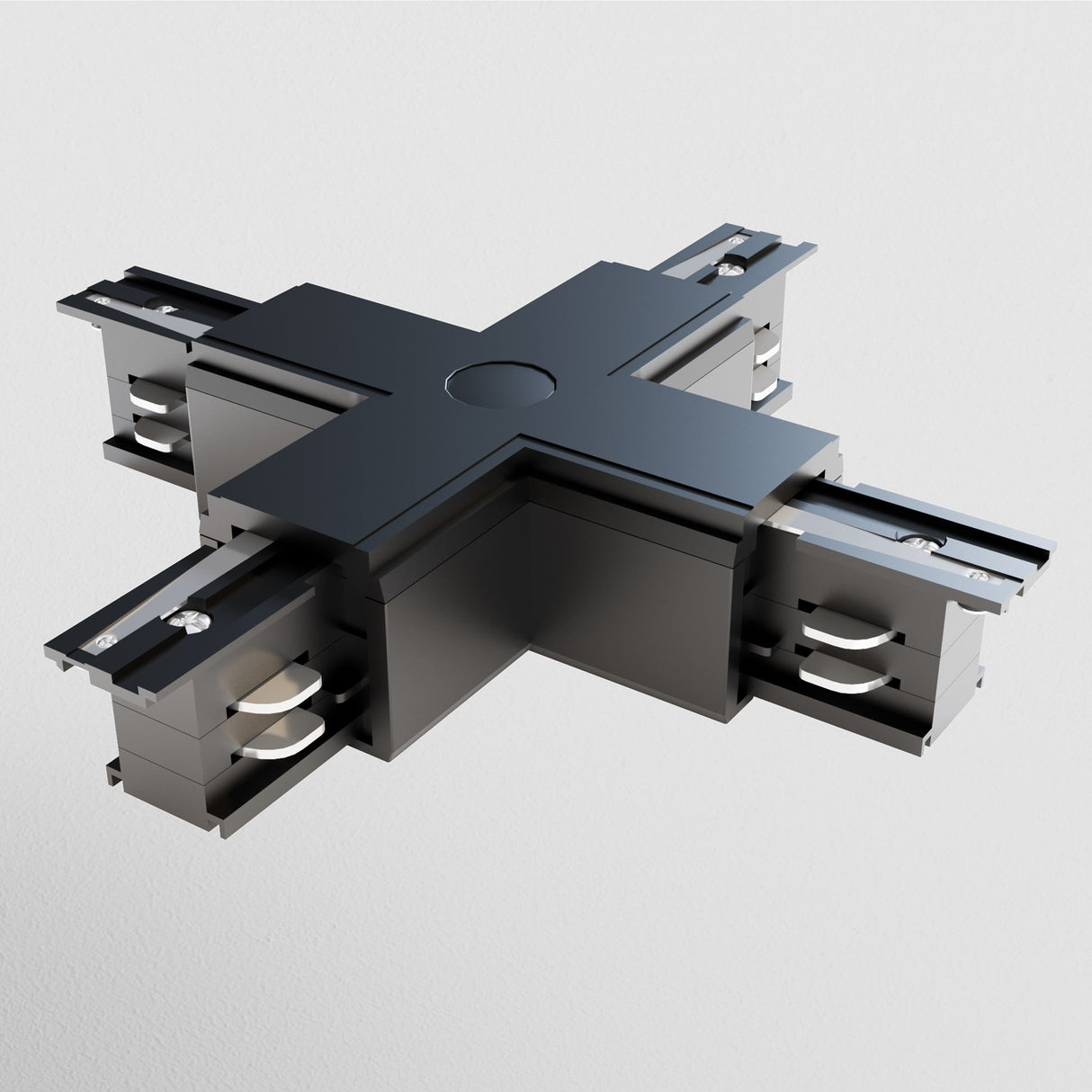 The 3-Phase Surface-Mounted Track Trinity X-Shaped Connector in black features a metallic, detailed cross design for four-way connections on a light gray background. Its central square block has arms with visible screws and curves, ideal for various lighting configurations.