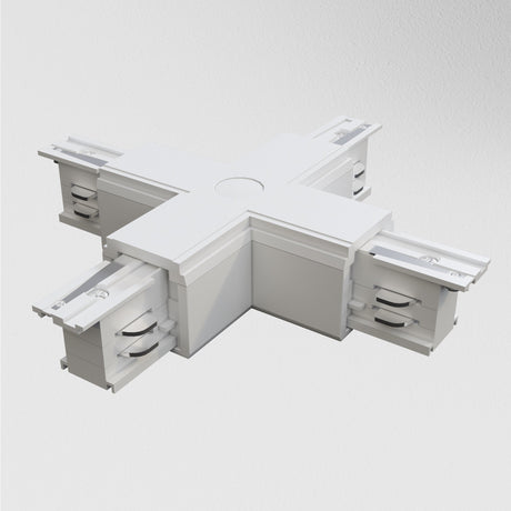 The 3-Phase Surface-Mounted Track Trinity X-Shaped Connector in white functions as an electrical junction box with four arms featuring tracks, designed for integrating three-phase track lighting systems on a plain white background.