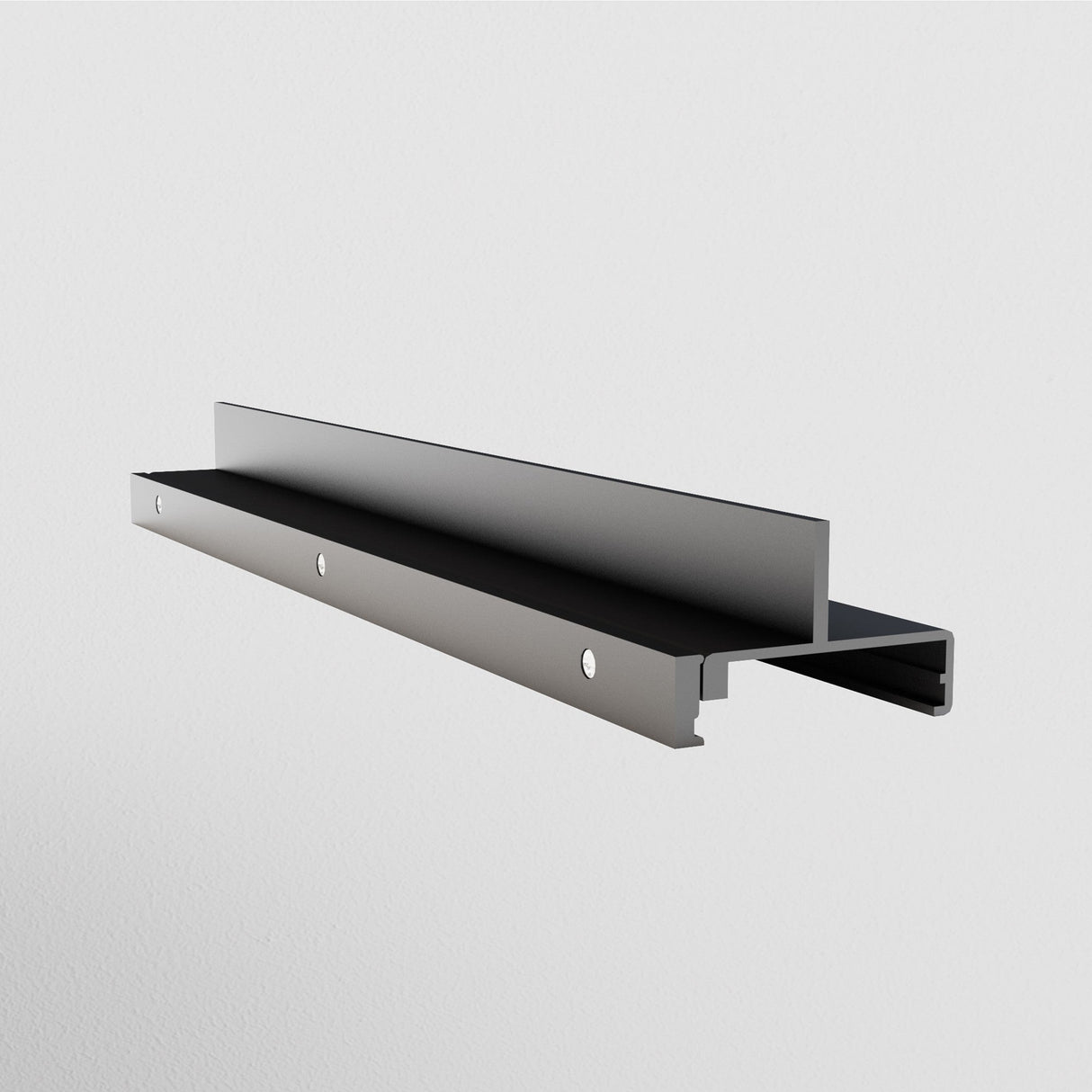 A sleek, black metal bracket with two circular mounting holes, ideal for modern interiors. Designed to support objects, it features an L-shaped profile with a slightly extended lip, perfect for integrating the 3-Phase Track Trinity Joint Amplifier against a plain white background.