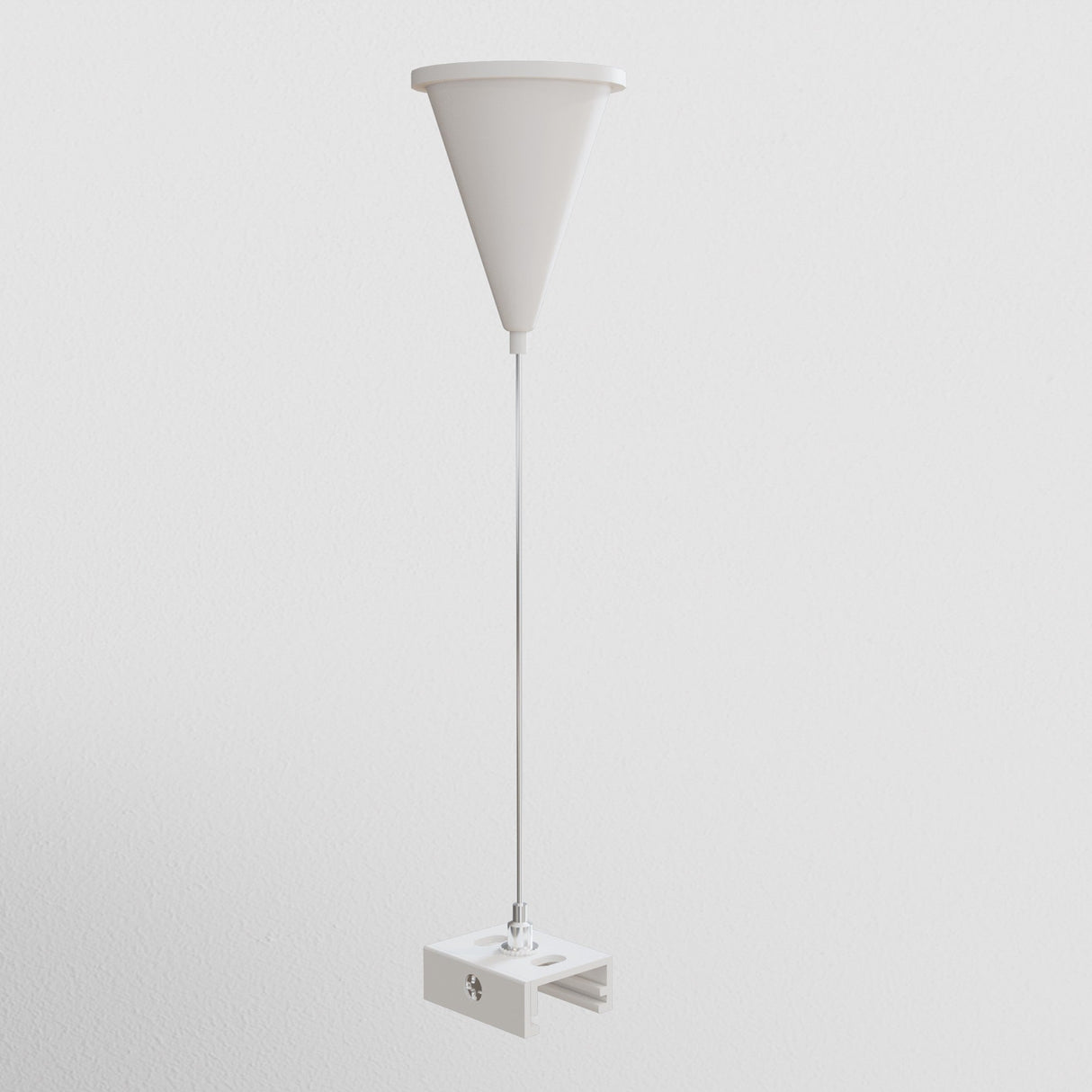 A 3-Phase Surface-Mounted Track Trinity Suspension Cable in white, featuring a cone shape and a clamp-like rectangular base for easy attachment. Adjustable and perfect for modern interiors, its similar to sleek track lighting systems against a light gray background.