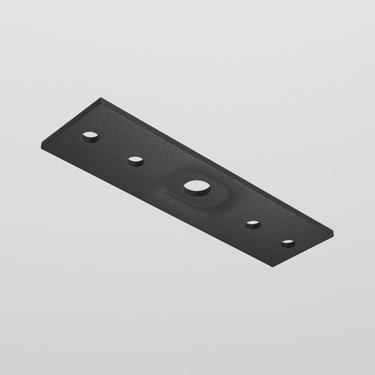 The Exility Magnetic Surface-Mounted Track Straight Connector - Black is a rectangular metal plate featuring a central raised area with one hole, two holes symmetrically on each side, and a textured finish against a plain white background.