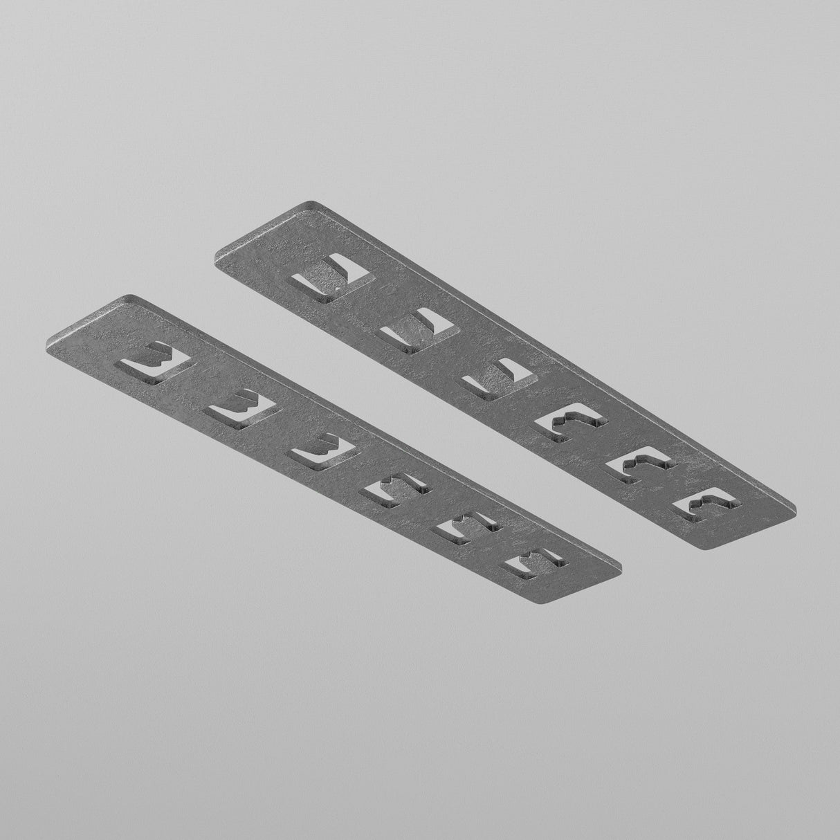 Two Exility Tracks Recessed Straight Connectors in a 2-pack with sleek gray metal are shown against a light background, featuring evenly spaced rectangular cutouts.