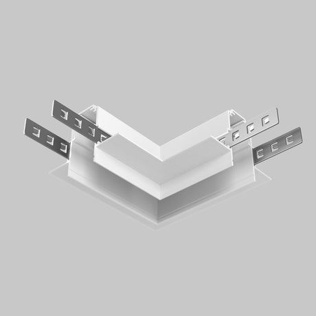 A V-shaped metal object with outward perforated brackets, resembling a streamlined corner component. Primarily white, it suggests the Exility Tracks L-Shape Corner Connector Built-in for Plasterboard 12.5mms sleek industrial efficiency.