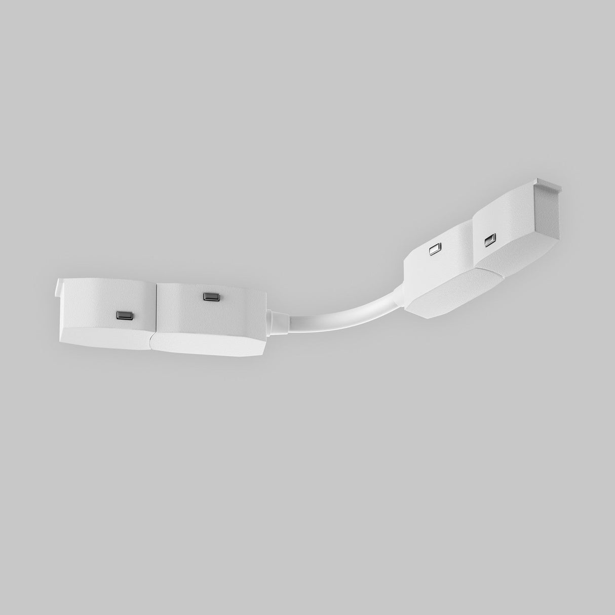 The Exility Magnetic Recessed Track Corner Oval Connector in white features a sleek design with adjustable segments, seamlessly integrated into the versatile track system against a plain grey background.