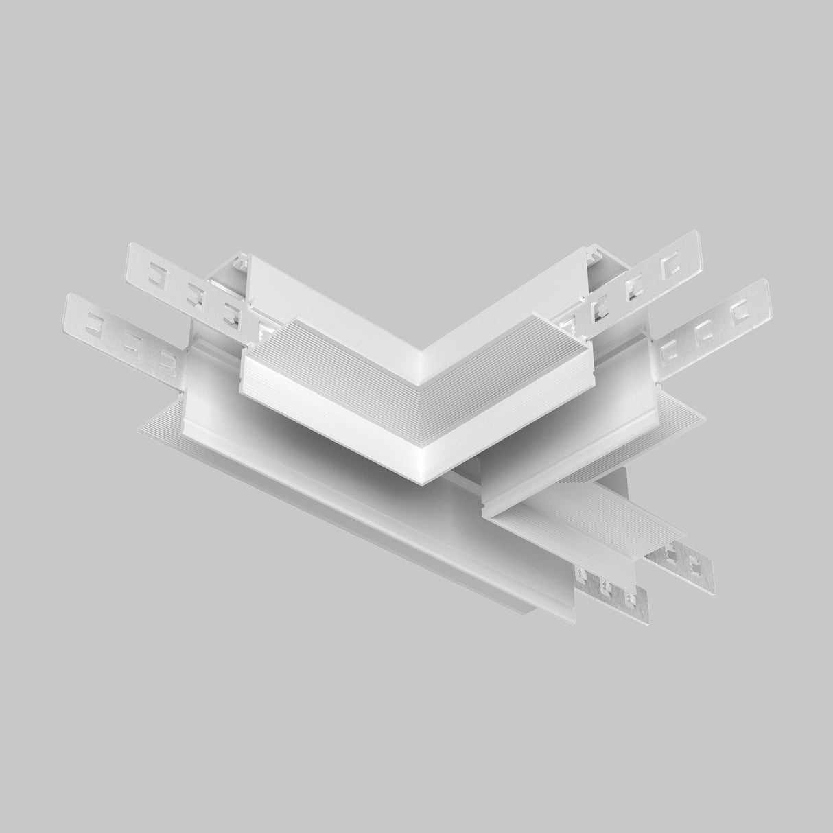 A geometric, abstract sculpture of white interconnected panels and perforated brackets forms a symmetrical design on a gray background, with subtle track lighting using Exility Tracks T-Connector Built-in For Plasterboard 12.5mm - White to cast gentle shadows that enhance its modern allure.