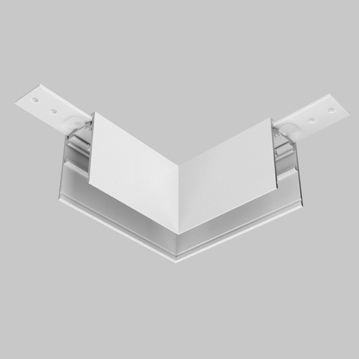 The Exility Magnetic Surface-Mounted Track Corner Connector in white is a modern L-shaped ceiling fixture with a sleek, minimalist design. It boasts two adjustable arms for directing light and sits against a neutral gray background.