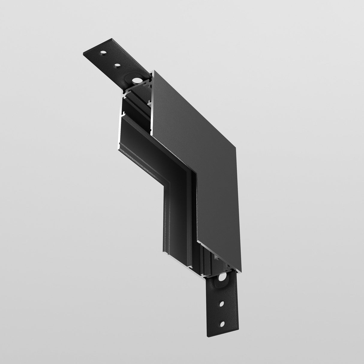 The Exility Magnetic Surface-Mounted Track Internal Corner Connector in black, an L-shaped metal bracket with screw holes, hangs against a light gray backdrop. Its angular and industrial design suggests it fits as part of a surface-mounted magnetic track system or an internal corner connector.