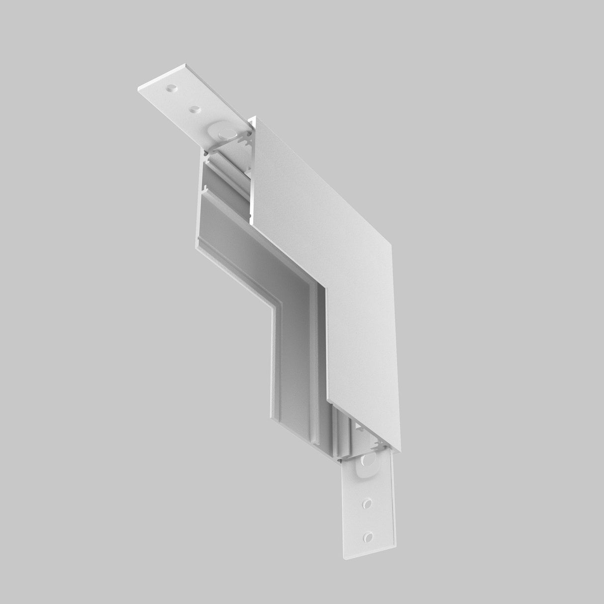 The Exility Magnetic Surface-Mounted Track Internal Corner Connector in white, an L-shaped metal bracket with flanges and screw holes, is set against a plain gray background, exuding sleek functionality for structural or architectural use.
