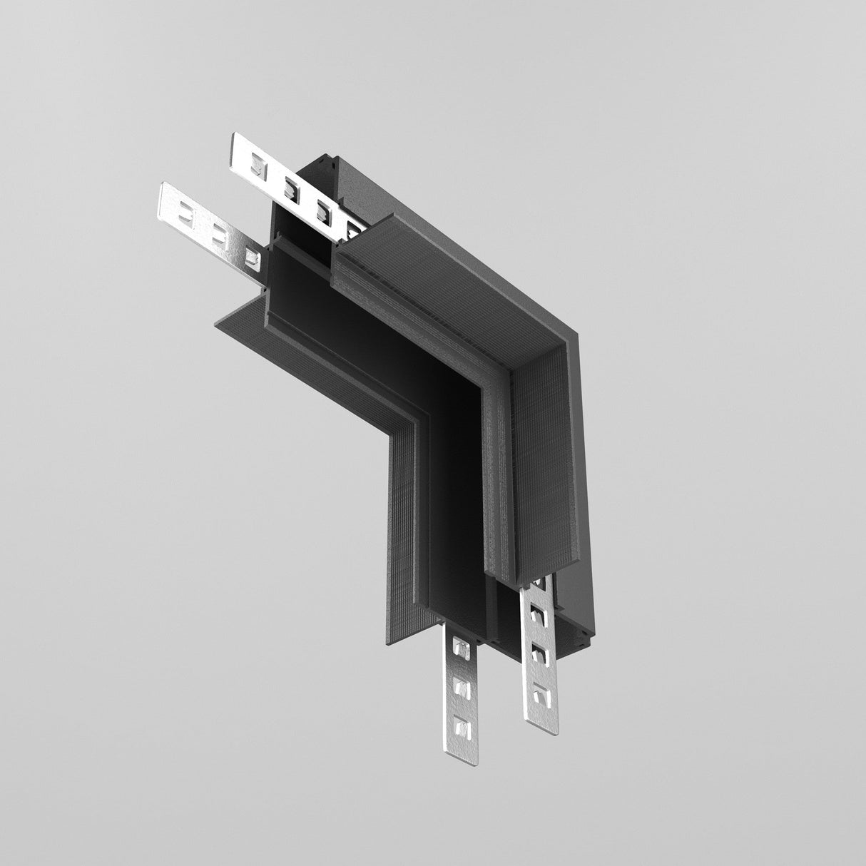 A minimalist 3D model of the Exility Tracks Internal Corner Connector for 12.5mm plasterboard in black, featuring an L-shaped structure with metallic elements and rectangular side plates set against a light gray backdrop.