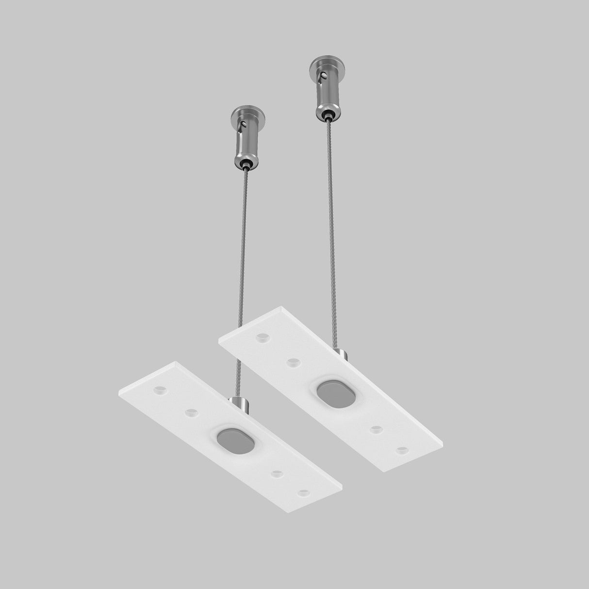 The Exility Magnetic Surface-Mounted Track Suspension Cable in white features sleek track suspension, with two panels suspended from metal rods. It boasts central circular elements and exudes contemporary charm and sophistication.