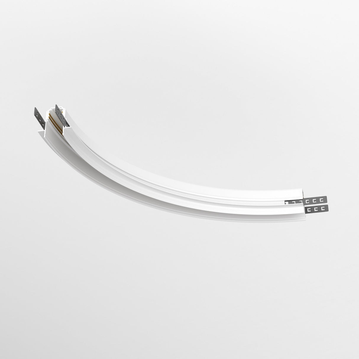 The Exility Tracks Radius Connector R300, built-in for 12.5mm plasterboard, features a curved metal strip with flat, perforated ends on a white background, ideal for creative lighting layouts.