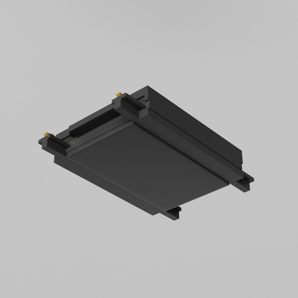 The Radity Magnetic Track Straight Power Connector - Black is sleek and rectangular with a minimalist design featuring gold connectors at its corners. Set against a plain gray background, it exudes a modern and industrial vibe.