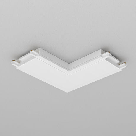 Mounted on a smooth, light gray ceiling, this minimalist white V-shaped ceiling light fixture utilizes Radity Magnetic Track L-Shaped Power Connector - White for parallel layers and clean lines, offering sleek modern geometric appeal.