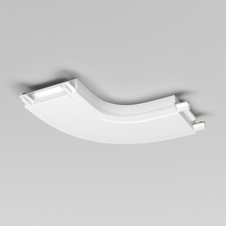 A white curved ceiling panel with a minimalist design seamlessly integrates the Radity Magnetic Track Curved Power Connector against a light gray background. Its smooth material and clean lines enhance the sleek aesthetic.