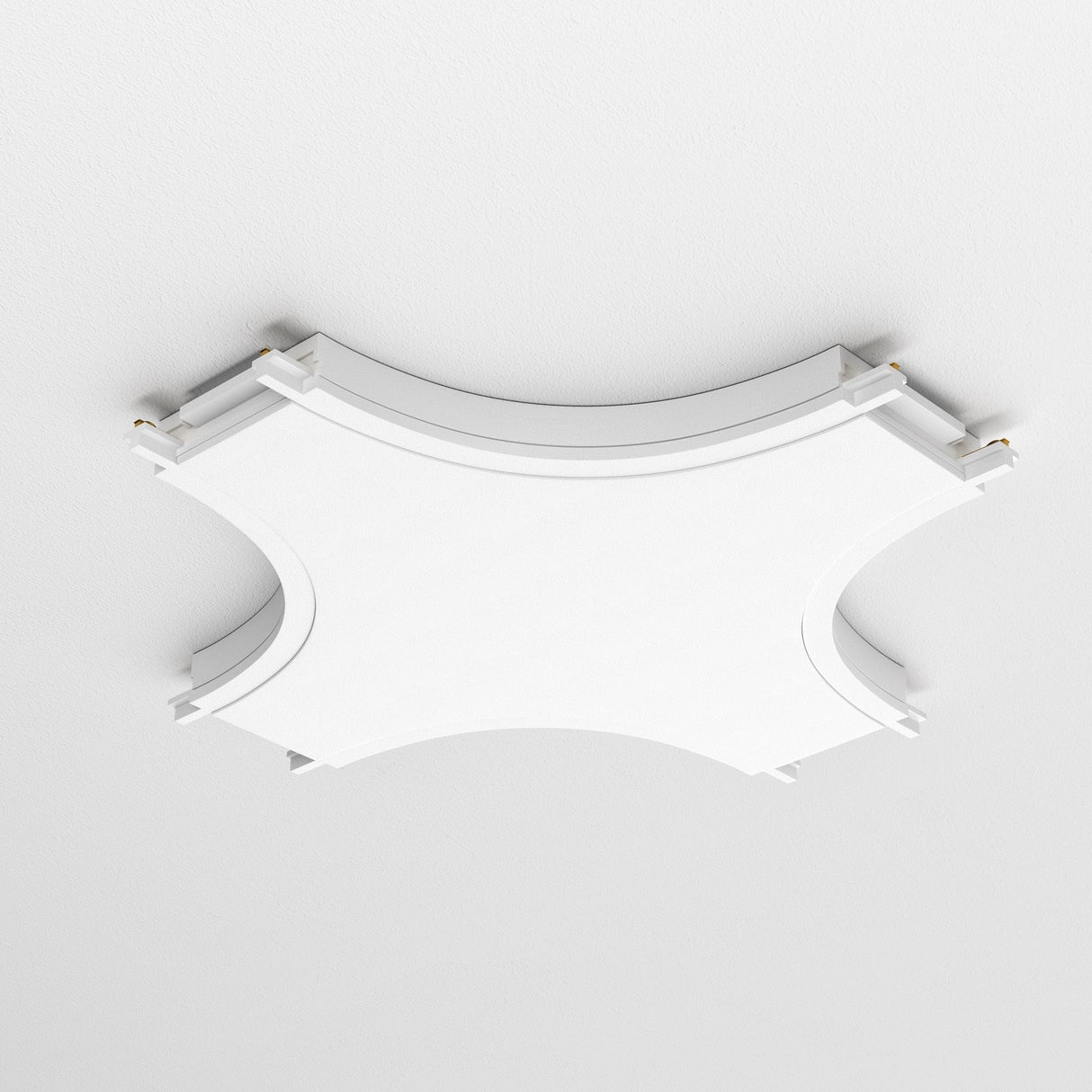 The Radity Magnetic Track X-Shaped Power Connector in white features a geometric, square design with rounded corners, integrating effortlessly into diverse lighting setups and blending seamlessly with the ceiling.