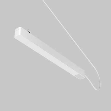 The Radity Track Power Supply 100W - White features a minimalist and sleek design, seamlessly integrating into spaces with its slim rectangular shape. It hangs elegantly against a plain gray background, effortlessly mounted using recessed installation and a thin cable connection.