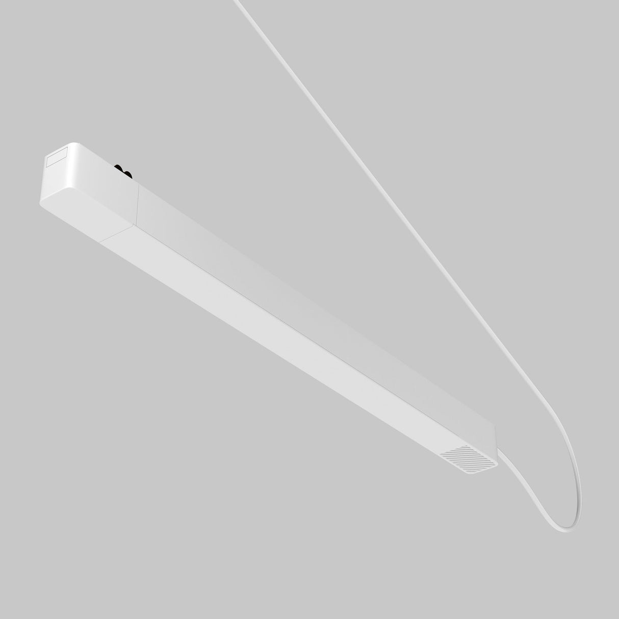 The Radity Track Power Supply 200W in white offers a minimalist, modern touch with its sleek rectangular design hanging by a thin cable. Set against a light gray background, it subtly complements magnetic track systems with elegance and simplicity.