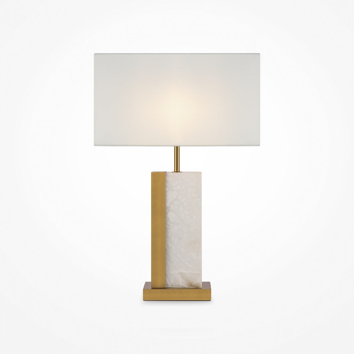 The Bianco Table Lamp - Brass & Alabaster With White Square Shade features a modern design with a white square fabric shade and an elegant brass and alabaster base, highlighted by sleek lines against a plain white background.