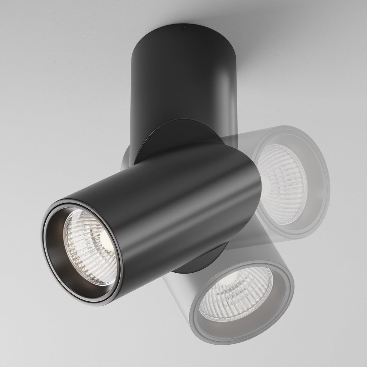 The Dafne LED Single Spotlight 10W 4000K - Black is a modern, adjustable black cylindrical light mounted on a white ceiling. It features energy-efficient LED technology for task lighting with two overlapping parts, allowing it to focus in various directions for versatile angles.