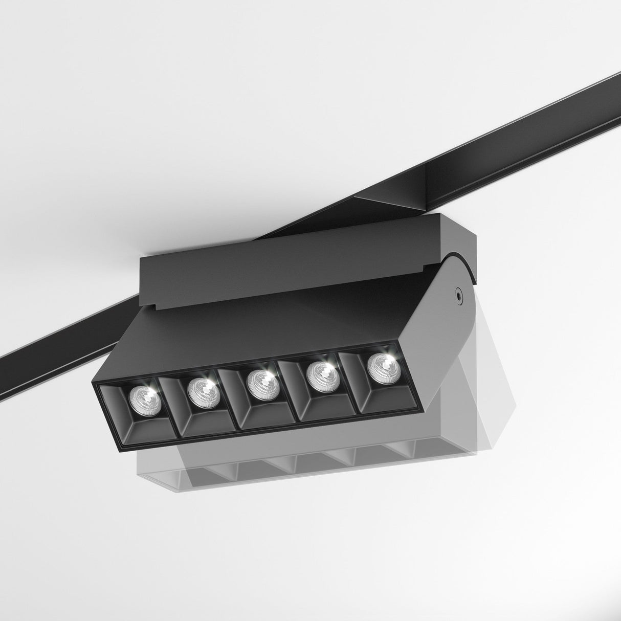 The Points Rot Adjustable LED Magnetic S35 Linear Track Light 10W 4000K in black boasts a sleek, ceiling-mounted design featuring five energy-efficient bulbs against a plain white background.