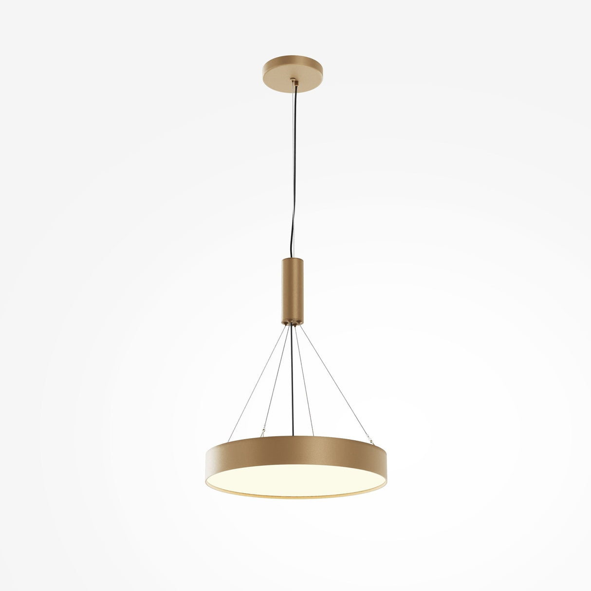 The Zon LED Medium Flush Ceiling Light in matte gold features a circular design with black cords, emits ambient lighting at 3000K, and incorporates an integrated 45W LED for a soft, warm glow ideal for contemporary interiors.