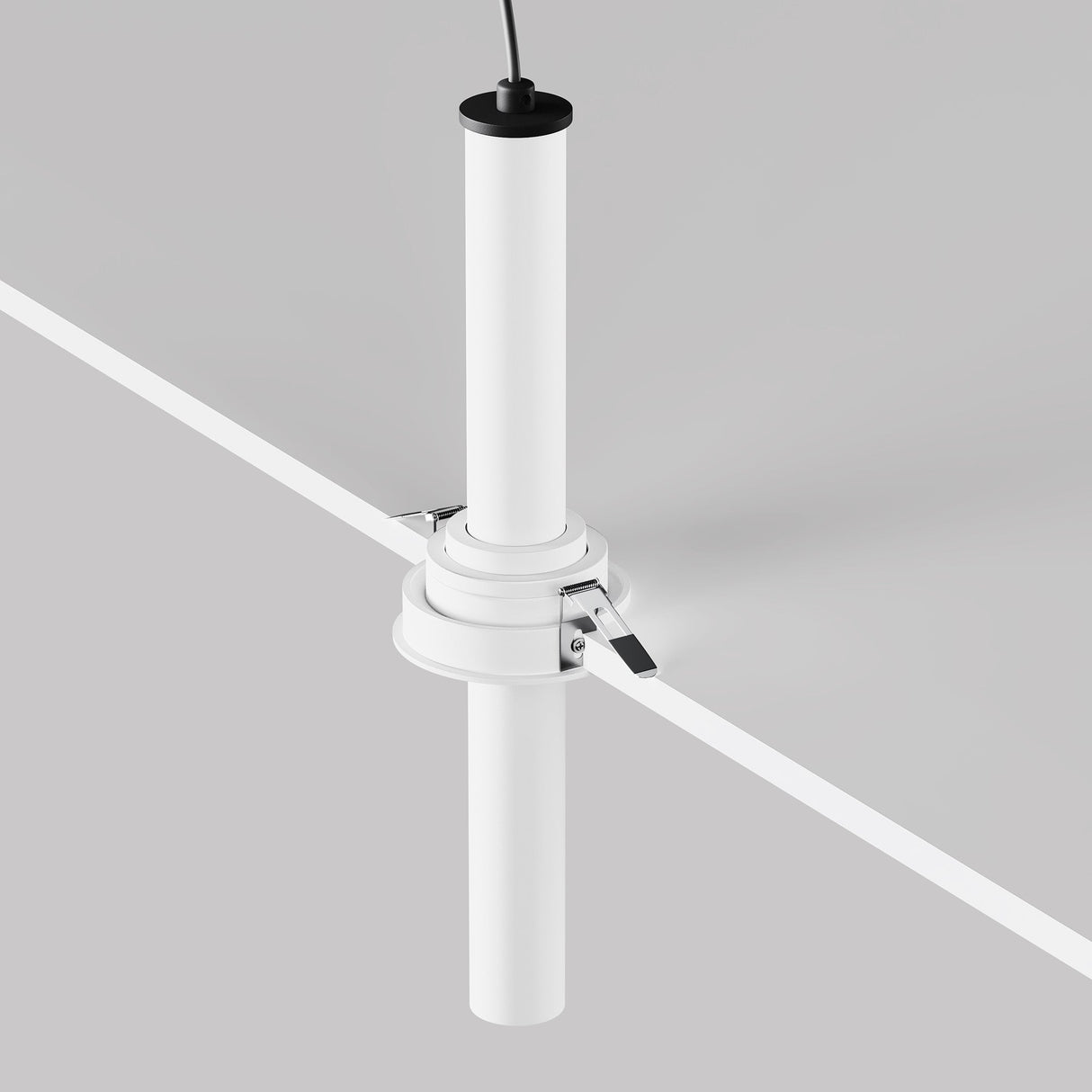 The Focus T LED Adjustable Long Retractable In-Out Recessed Downlight 7W 3000K in White is a cylindrical device with LED downlight capabilities, attached via metal clamps through a tabletop or flat surface. An adjustable cable extends from the top, set against a neutral gray background.