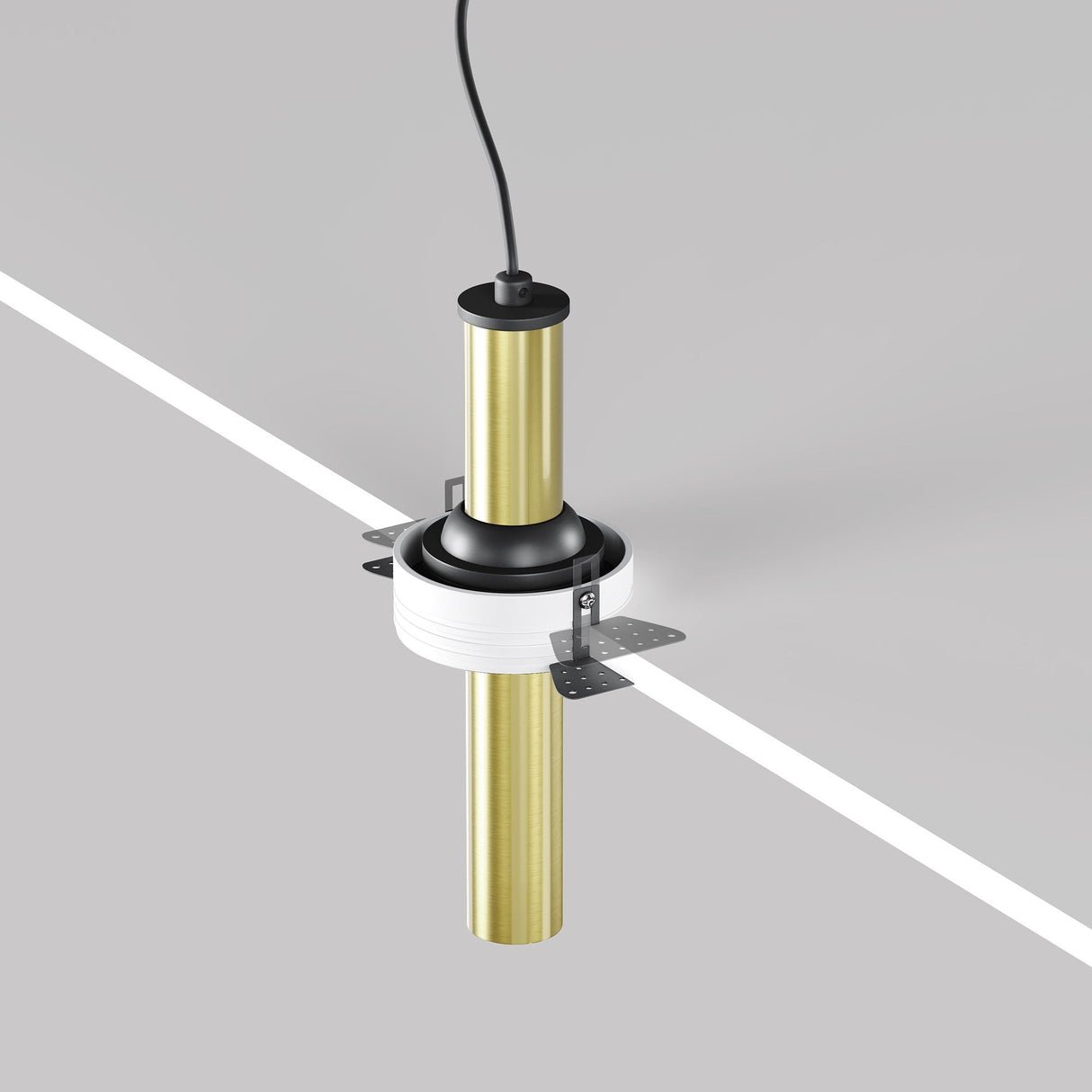 The Focus T LED Adjustable Short Trimless Retractable In-Out Recessed Downlight 7W 3000K has a metallic cylindrical body with a brass finish, mounted through a flat gray surface. It includes an adjustable lighting mechanism and black cable at the top, secured by a white ring and metal brackets.