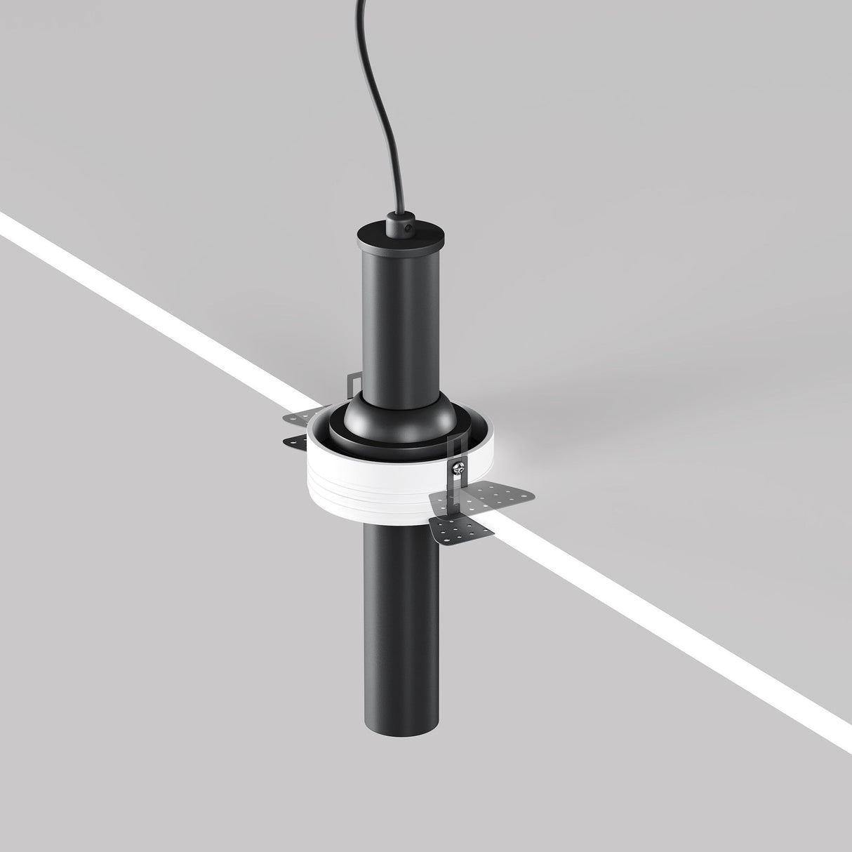 The Focus T LED Adjustable Short Trimless Retractable In-Out Recessed Downlight 7W 3000K - Black is mounted on a gray wall. It includes a white circular component and metal brackets, extending perpendicularly and casting a shadow with its energy-efficient design.