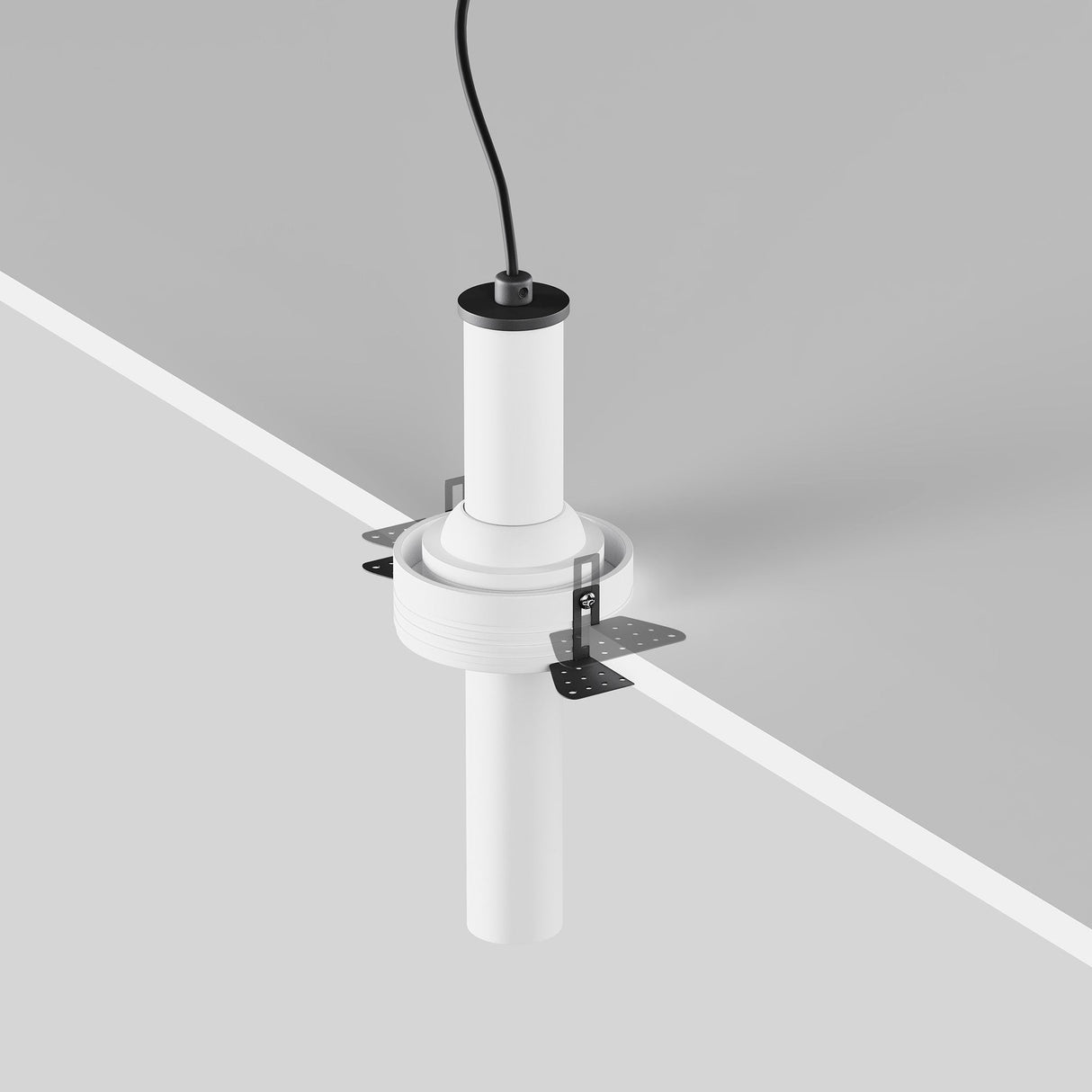 The Focus T LED 7W Adjustable Short Trimless Retractable In-Out Recessed Downlight in White features a sleek, modern cylindrical design with a black cable. It enhances any gray and white ceiling with its energy-efficient performance and metal brackets for a minimalistic appeal.