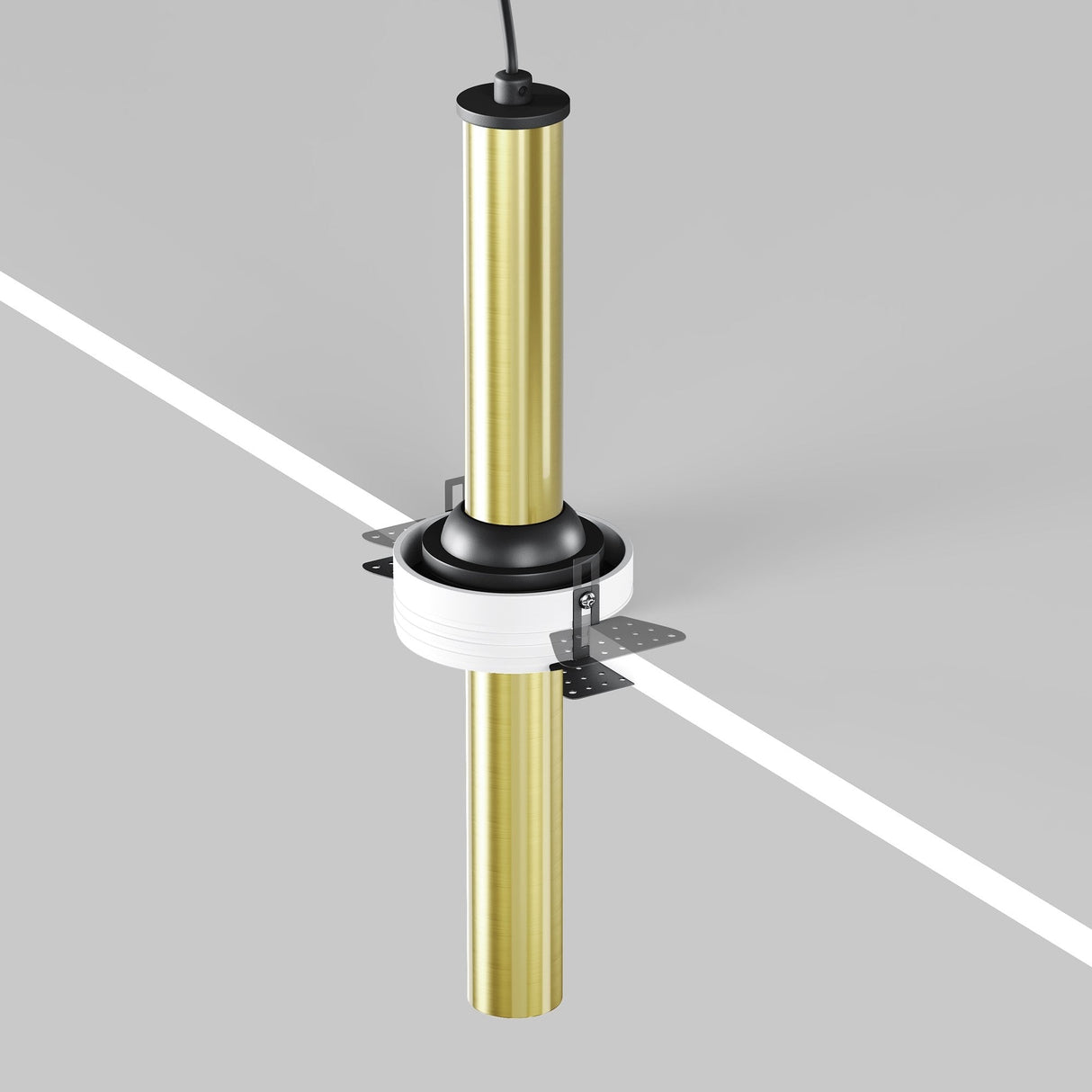 The Focus T LED Adjustable Long Trimless Retractable In-Out Recessed Downlight 7W 3000K - Black & Brass features a sleek, vertical gold cylindrical design mounted through gray with a white band and metallic brackets, and a black cable extending from the top.