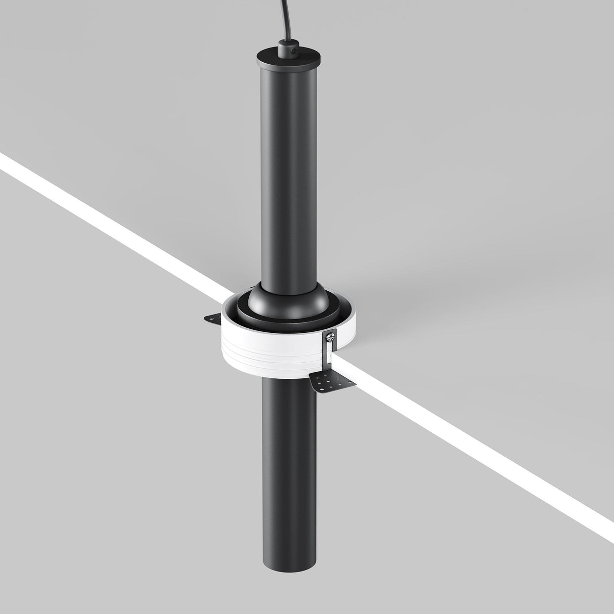 The Focus T LED Adjustable Long Trimless Retractable In-Out Recessed Downlight 7W 3000K - Black is a cylindrical device with a white circular attachment, mounted vertically. It has a top cable and two metal brackets on a gray background with a white line.