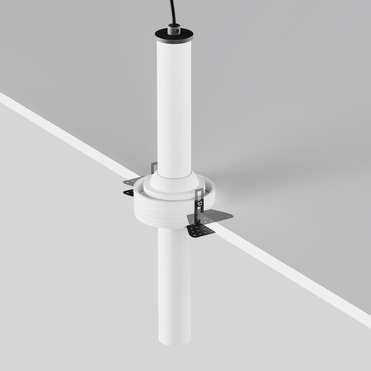 A Focus T LED Adjustable Long Trimless Retractable In-Out Recessed Downlight 7W 3000K in white, featuring a cylindrical fixture with a long hanging component, is mounted against a white and gray background. Metal brackets securely attach it to the ceiling, and a black cable runs from the top.