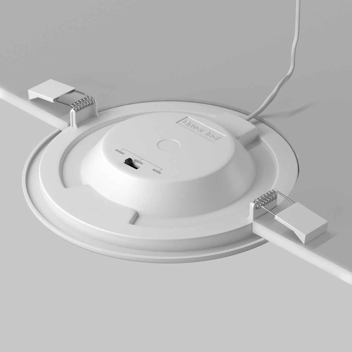The Stockton CCT LED Round Recessed Downlight 18W 3000-6000K in white is an energy-efficient fixture with adjustable clips and a connected power cable, designed for easy ceiling installation. It boasts a sleek, modern look and color temperature control for versatile ambiance.