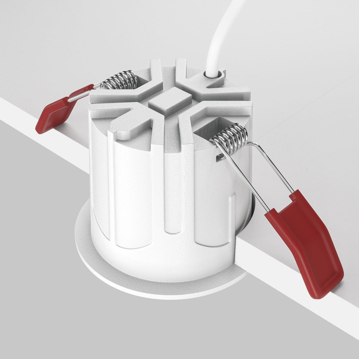 The Alfa LED Dimmable Fixed Round Recessed Downlight 10W 3000K features a white housing, red spring clips for secure installation, and a top cable. Its shown partially inserted in a ceiling cutout, offering modern lighting that suits various interiors.