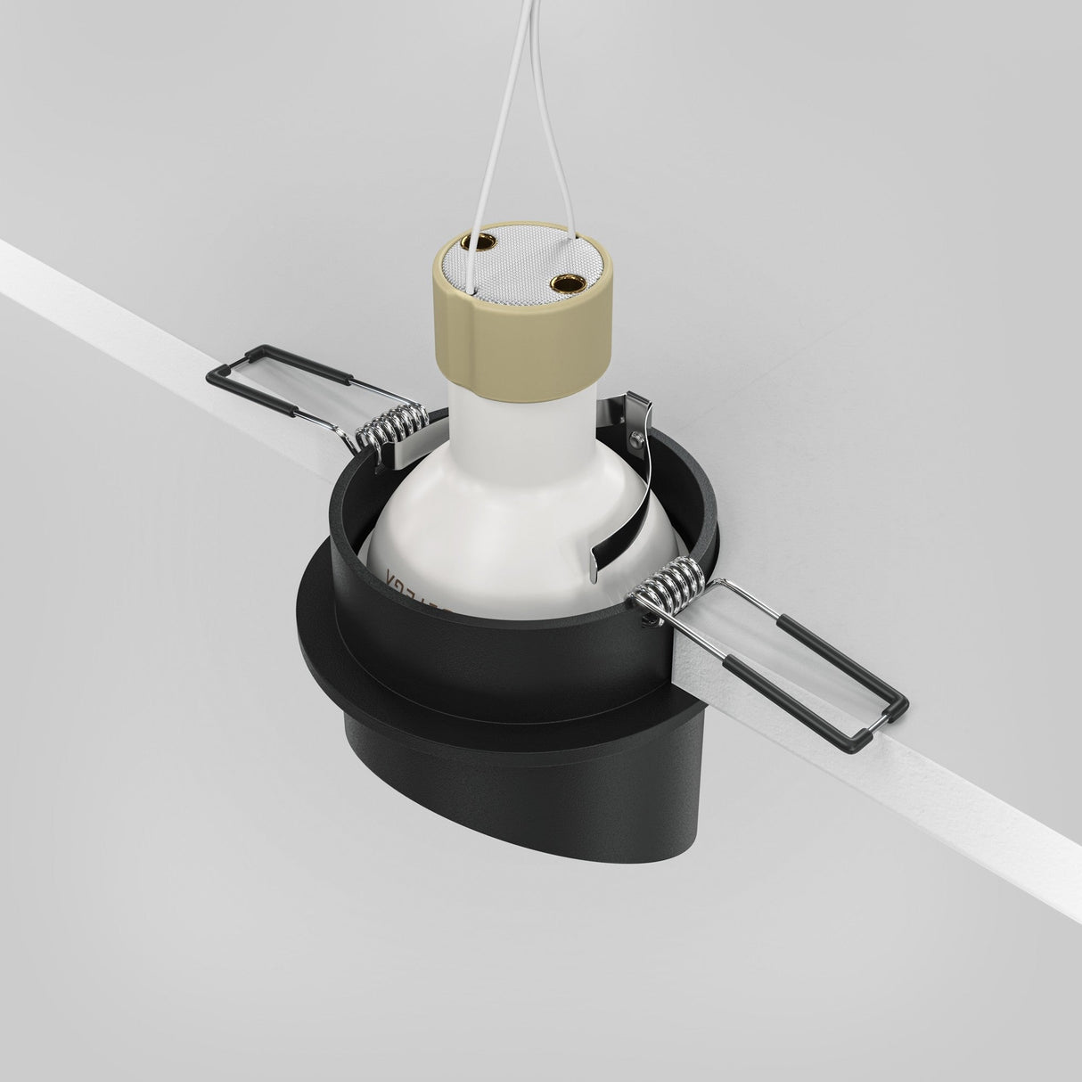 The Lipari Fixed Recessed Downlight - Black & Gold is displayed with a white and gold bulb on a plain background. This modern ceiling fixture includes metal spring clips for easy installation and features a sleek black housing.