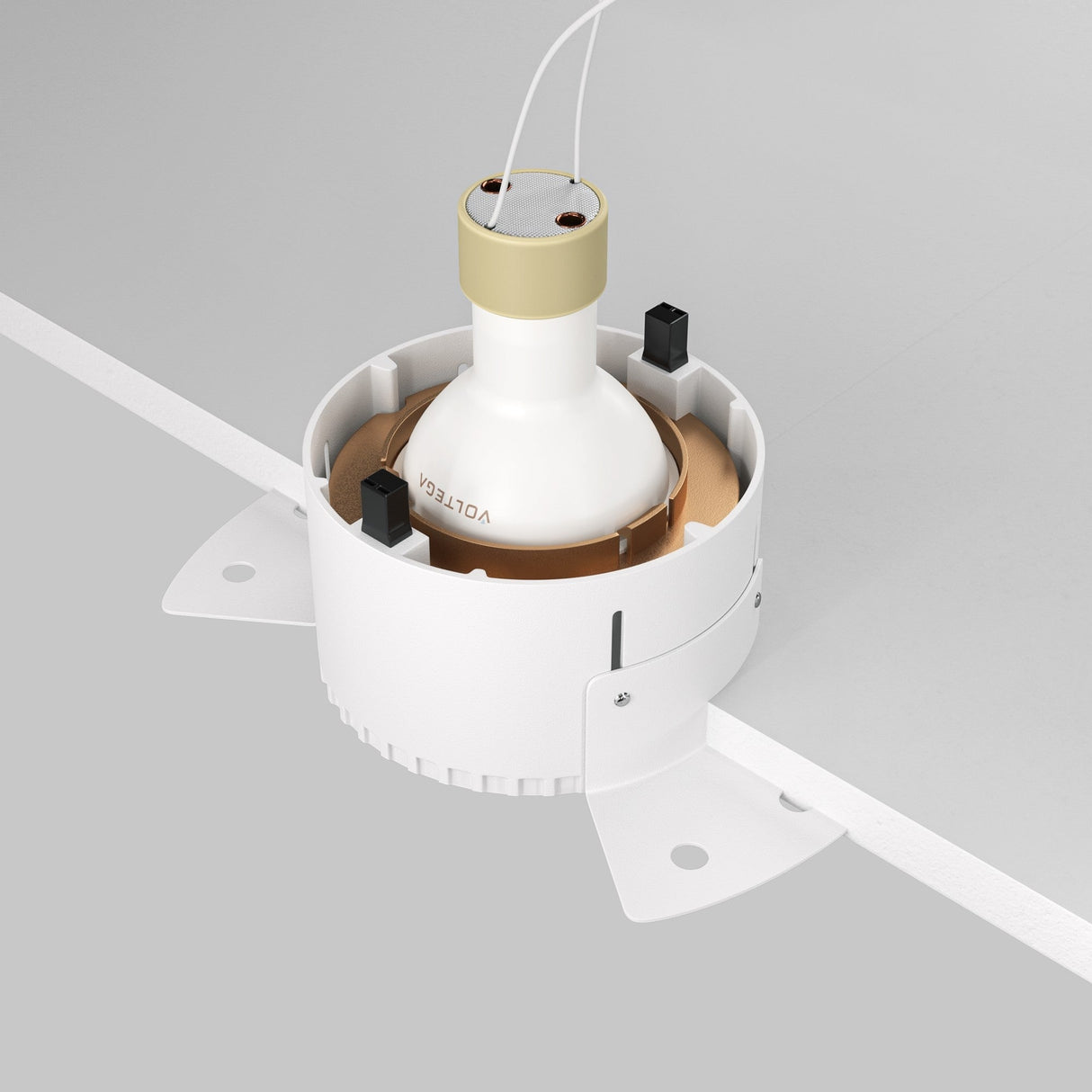 A white cylindrical ceiling light fixture with exposed internal components, mounted flat. It features a recessed design with wires on top and two side brackets. The label reads Share Round Plaster-in Fixed Recessed Downlight - Matte Gold.
