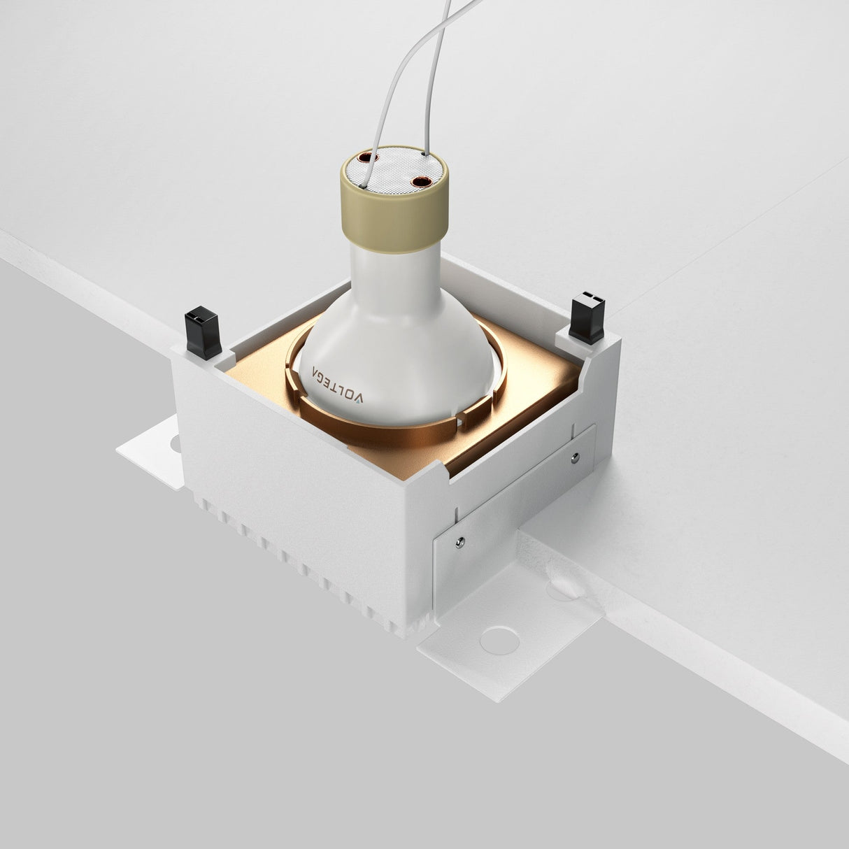 Mounting components for Share square plaster-in fixed recessed downlight in matte gold, showcasing installation features.