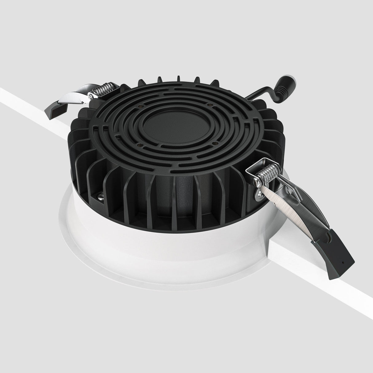 Mounting components for Okno LED Round Recessed Downlight in white, providing insight into easy installation features