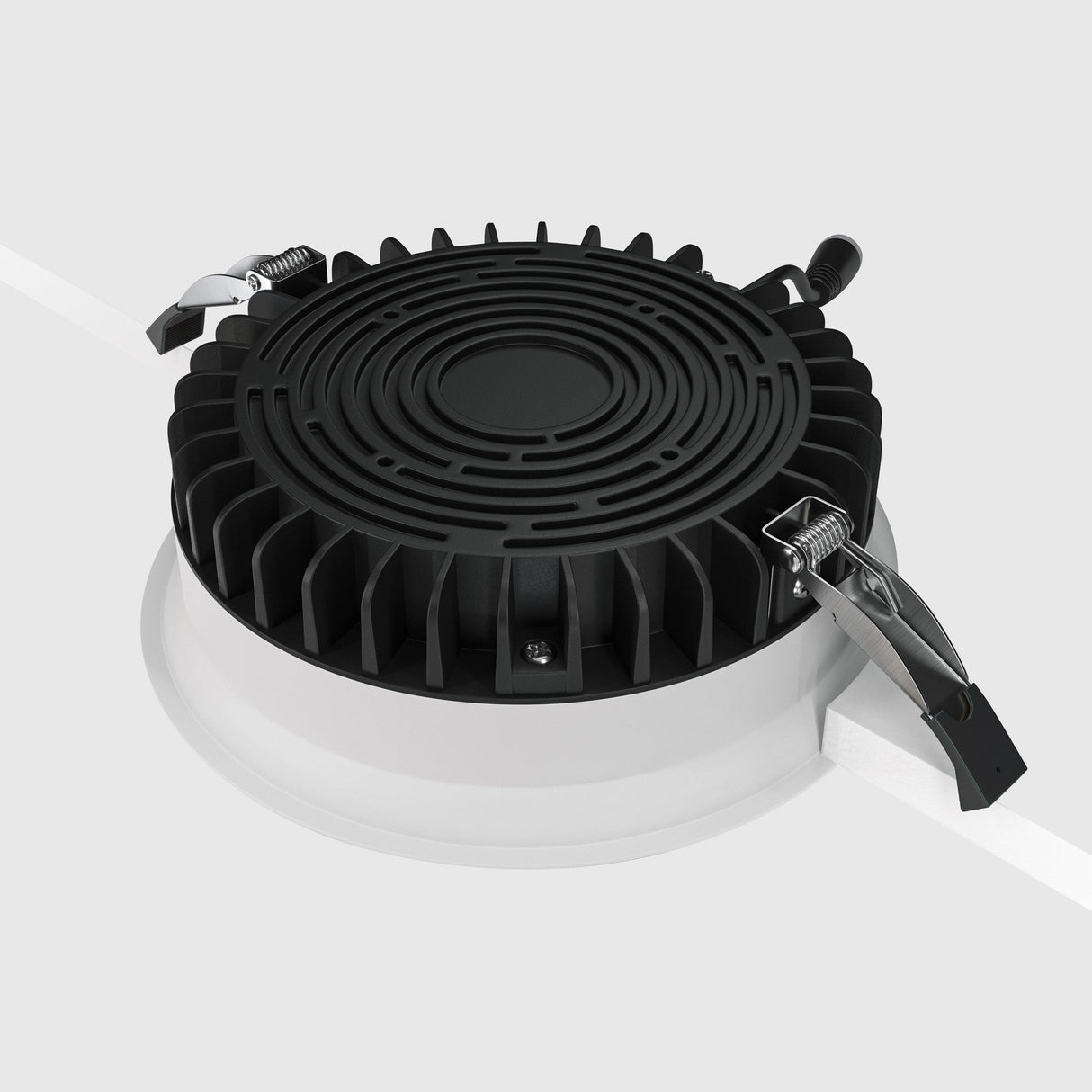 Mounting components for Okno LED Round Recessed Downlight in white, demonstrating easy installation options