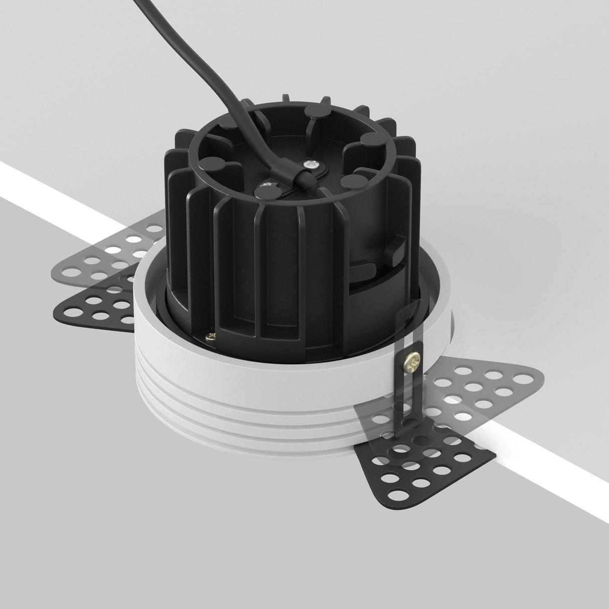 A close-up of the Round LED Recessed Trimless Downlight 12W 3000K - Black showcases its black and white cylindrical design with a visible cable. It features trimless installation using metal brackets for seamless integration against a neutral background.