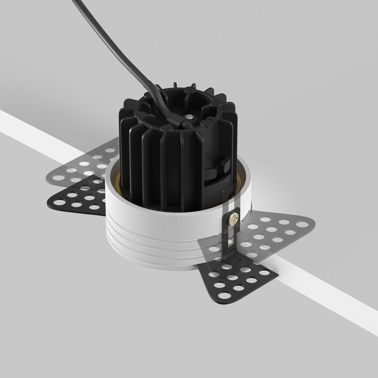 Mounting components for round LED recessed trimless downlight in brass, designed for secure installation.