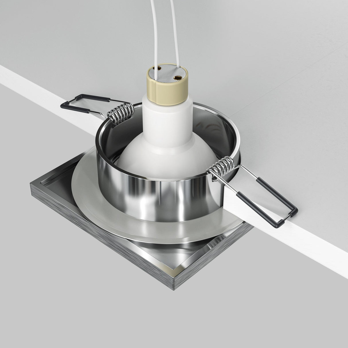 Mounting components for Stark fixed square recessed downlight in silver, highlighting its installation features.