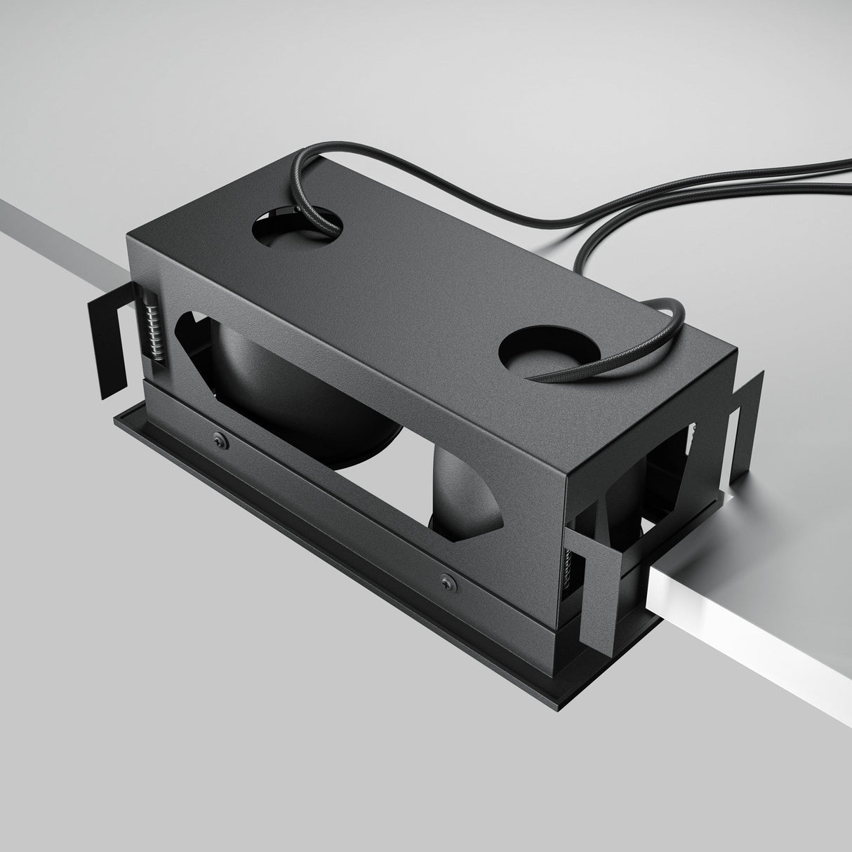 The Metal Modern LED Rectangular Recessed Twin Downlight 20W 3000K - Black features a black metal bracket with screws and cables, designed to attach to a white surface. The bracket includes wire cutouts and a rectangular opening for organizing electronic components like downlights.