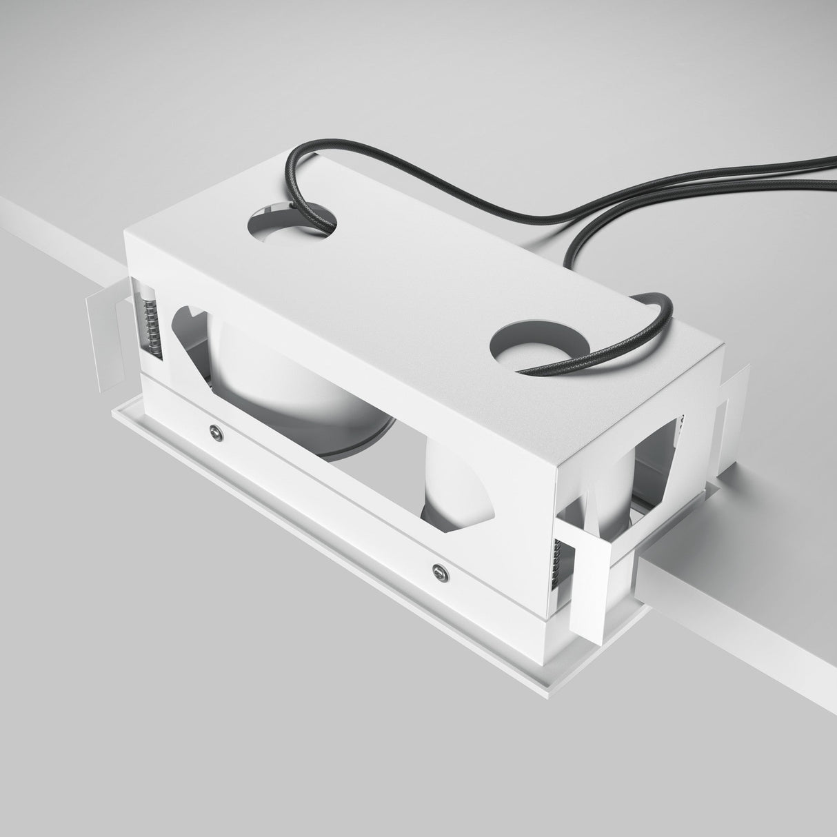 The Metal Modern LED Rectangular Recessed Twin Downlight 20W 3000K - White is a minimalist, energy-efficient fixture with a white rectangular design mounted on a smooth surface, featuring two circular discs and black wires.